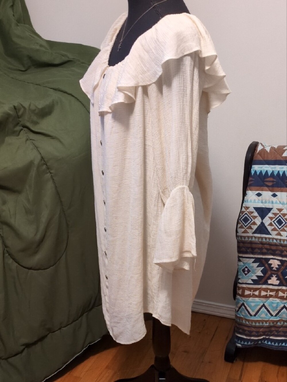 Cream Ruffle-Trim Button-Front Tunic Top - Picture 2 of 2